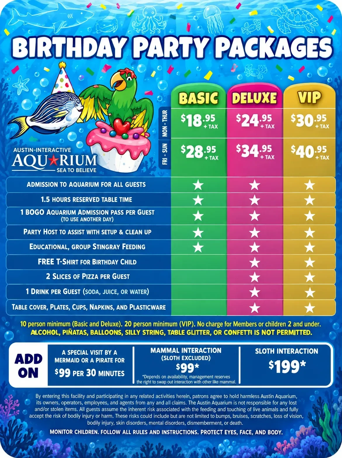 Austin Aquarium birthday party package pricing chart